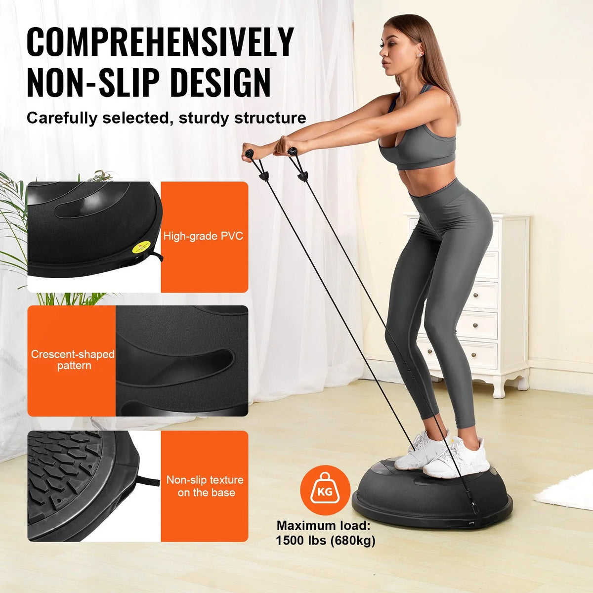 VEVOR Half Exercise Ball Trainer, 26 inch Balance Ball Trainer, 1500lbs Capacity Stability Ball, Yoga Ball with Resistance Bands & Foot Pump, Strength Fitness Ball for Home Gym Full Body Workout Black - View 3
