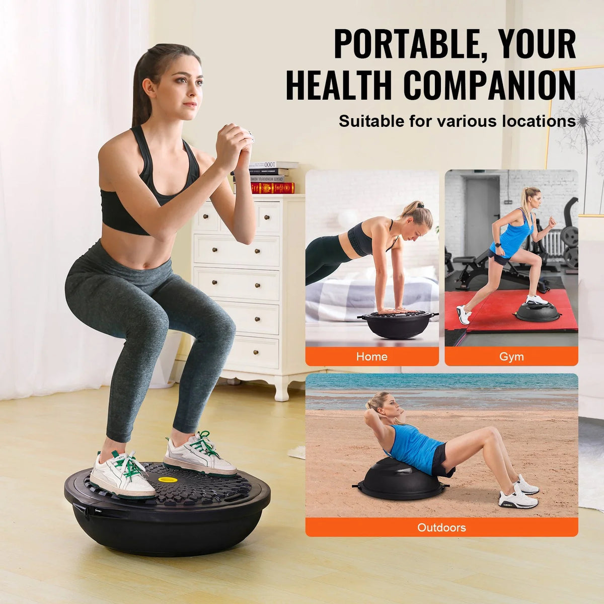 VEVOR Half Exercise Ball Trainer, 26 inch Balance Ball Trainer, 1500lbs Capacity Stability Ball, Yoga Ball with Resistance Bands & Foot Pump, Strength Fitness Ball for Home Gym Full Body Workout Black - View 5