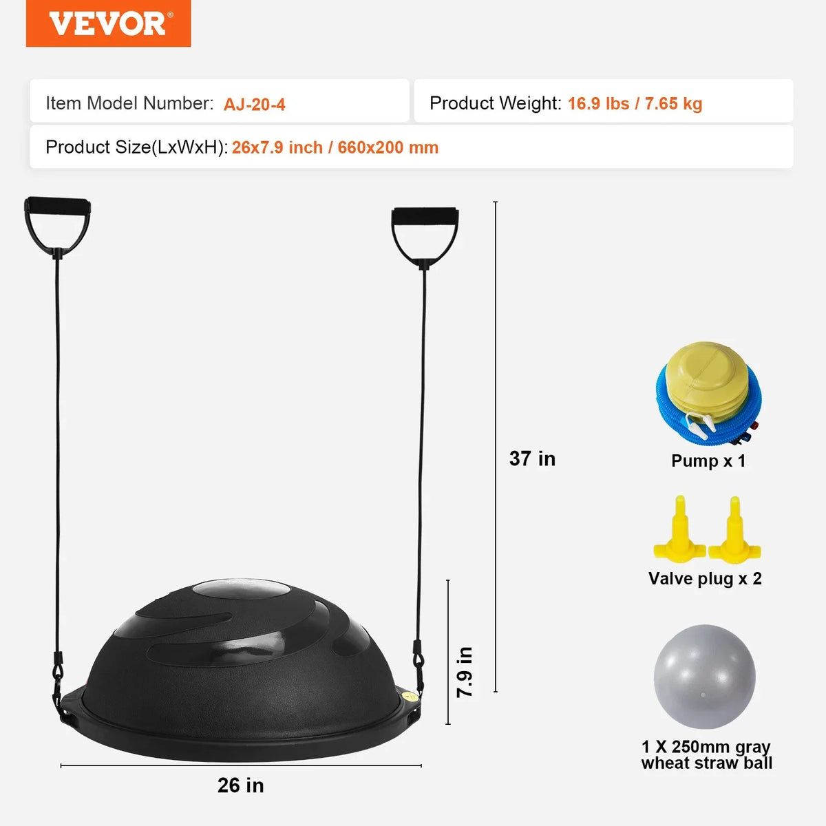 VEVOR Half Exercise Ball Trainer, 26 inch Balance Ball Trainer, 1500lbs Capacity Stability Ball, Yoga Ball with Resistance Bands & Foot Pump, Strength Fitness Ball for Home Gym Full Body Workout Black - View 6