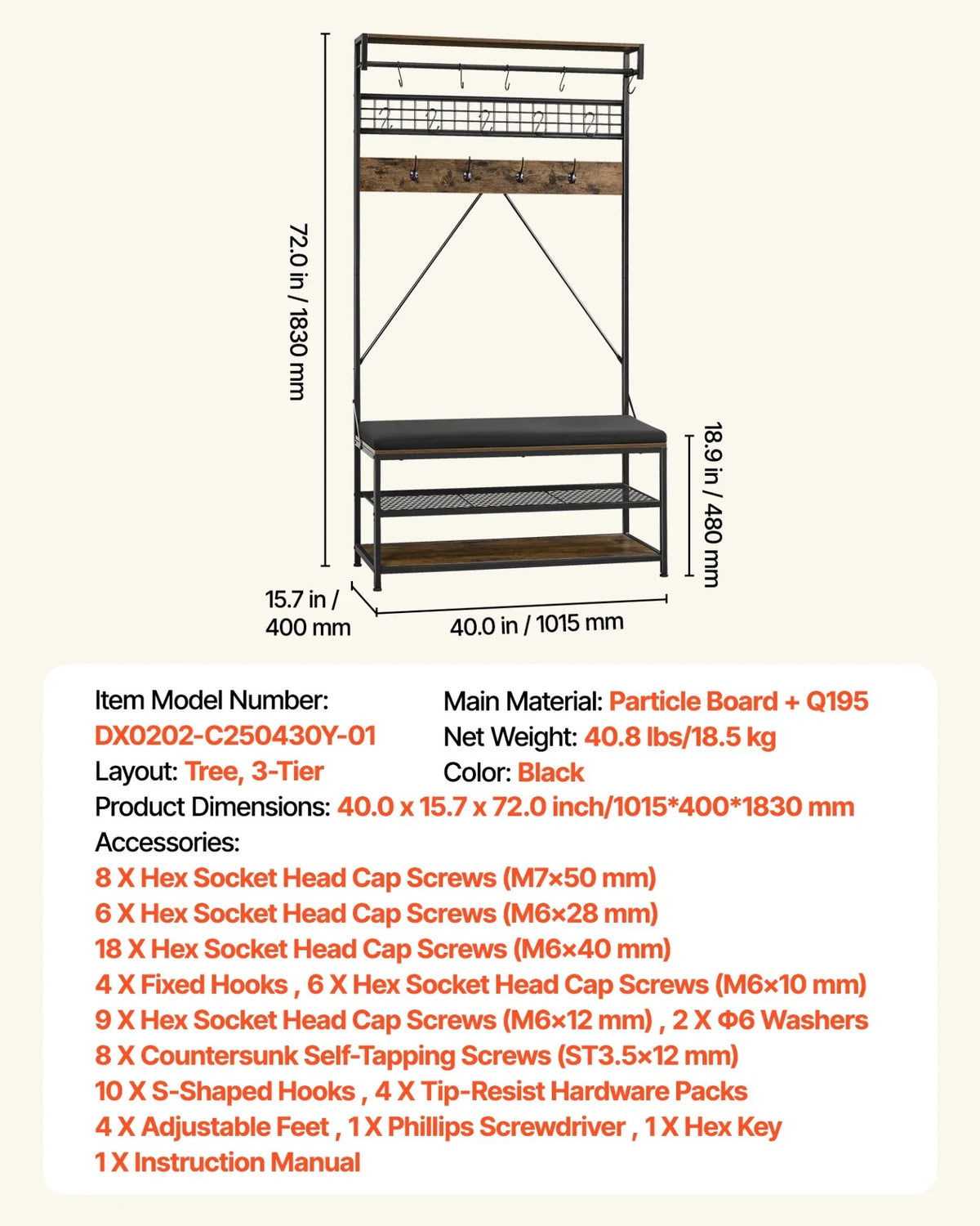 VEVOR Hall Tree, 72 in Coat Rack with Shoe Bench, 2-Tier Freestanding Shoe Rack Storage Organizer with Hooks, Hanging Rod and Wire Shelf, Steel Frame Entrance Coat Holder for Entry, Bedroom, Closet - View 6