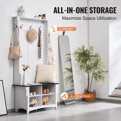 VEVOR Hall Tree Entryway Bench, Coat Rack with Shoe Storage, 32" Wide Mudroom bench with Storage and Seating, Adjustable Shelves and 5 Hanging Hooks with 4 Storage Drawers,for Mudroom,Entryway,Hallway - View 2