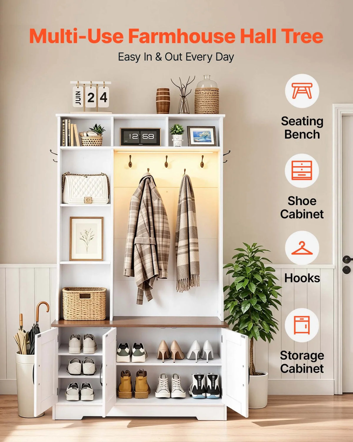VEVOR Hall Tree with Bench and Shoe Storage, 39" Wide, Entryway Hall Tree with Bench, Hanging Hooks, Storage Shelves, Adjustable Shoe Shelves, LED Light, Wooden, for Mudroom, Entryway, Hallway, White