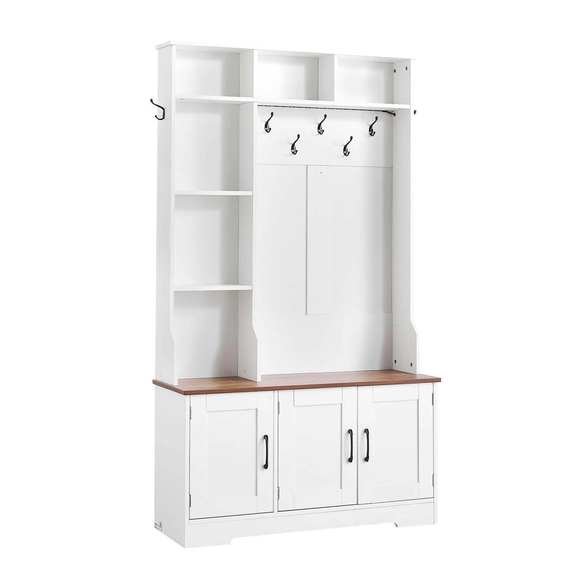 VEVOR Hall Tree with Bench and Shoe Storage, 39" Wide, Entryway Hall Tree with Bench, Hanging Hooks, Storage Shelves, Adjustable Shoe Shelves, LED Light, Wooden, for Mudroom, Entryway, Hallway, White - View 10