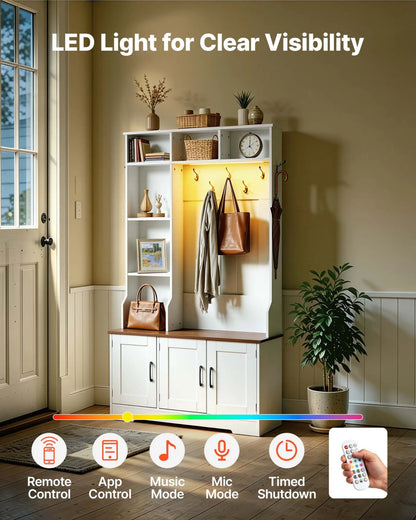 VEVOR Hall Tree with Bench and Shoe Storage, 39" Wide, Entryway Hall Tree with Bench, Hanging Hooks, Storage Shelves, Adjustable Shoe Shelves, LED Light, Wooden, for Mudroom, Entryway, Hallway, White - View 2