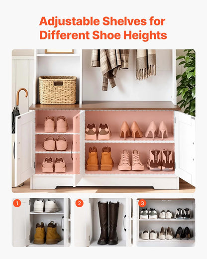 VEVOR Hall Tree with Bench and Shoe Storage, 39" Wide, Entryway Hall Tree with Bench, Hanging Hooks, Storage Shelves, Adjustable Shoe Shelves, LED Light, Wooden, for Mudroom, Entryway, Hallway, White - View 3