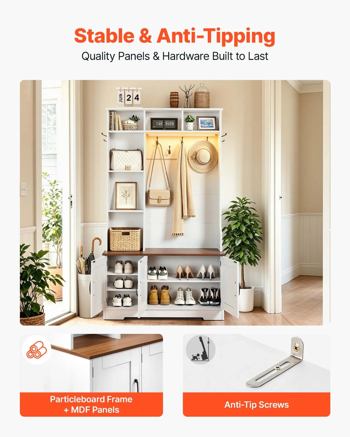 VEVOR Hall Tree with Bench and Shoe Storage, 39" Wide, Entryway Hall Tree with Bench, Hanging Hooks, Storage Shelves, Adjustable Shoe Shelves, LED Light, Wooden, for Mudroom, Entryway, Hallway, White - View 5