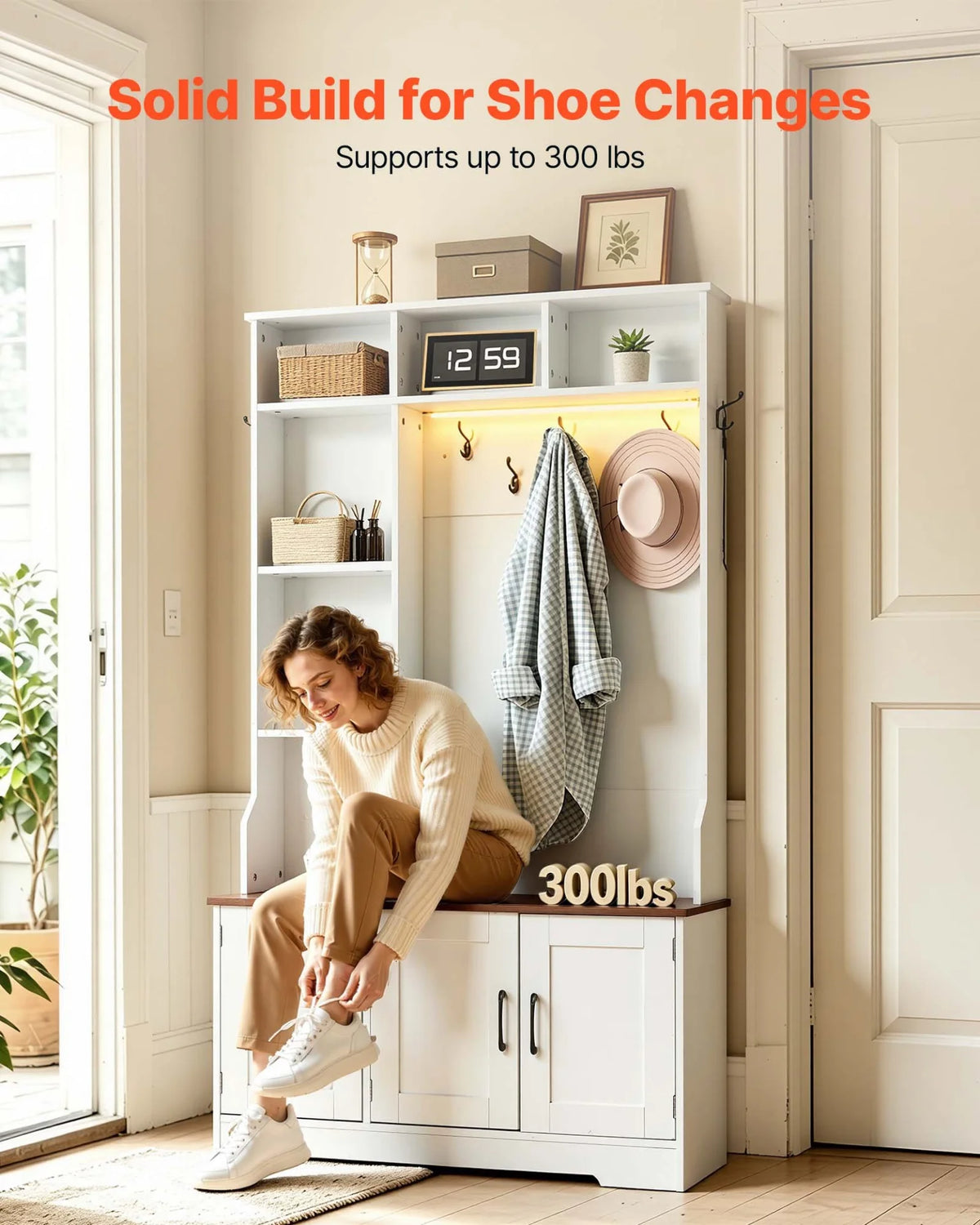 VEVOR Hall Tree with Bench and Shoe Storage, 39" Wide, Entryway Hall Tree with Bench, Hanging Hooks, Storage Shelves, Adjustable Shoe Shelves, LED Light, Wooden, for Mudroom, Entryway, Hallway, White - View 6