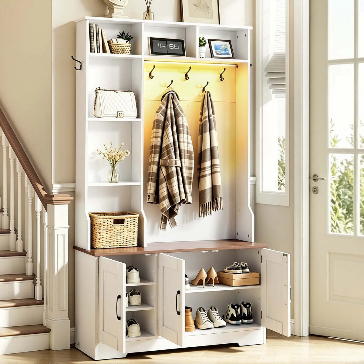 VEVOR Hall Tree with Bench and Shoe Storage, 39" Wide, Entryway Hall Tree with Bench, Hanging Hooks, Storage Shelves, Adjustable Shoe Shelves, LED Light, Wooden, for Mudroom, Entryway, Hallway, White - View 7