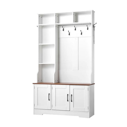 VEVOR Hall Tree with Bench and Shoe Storage, 39" Wide, Entryway Hall Tree with Bench, Hanging Hooks, Storage Shelves, Adjustable Shoe Shelves, LED Light, Wooden, for Mudroom, Entryway, Hallway, White - View 8