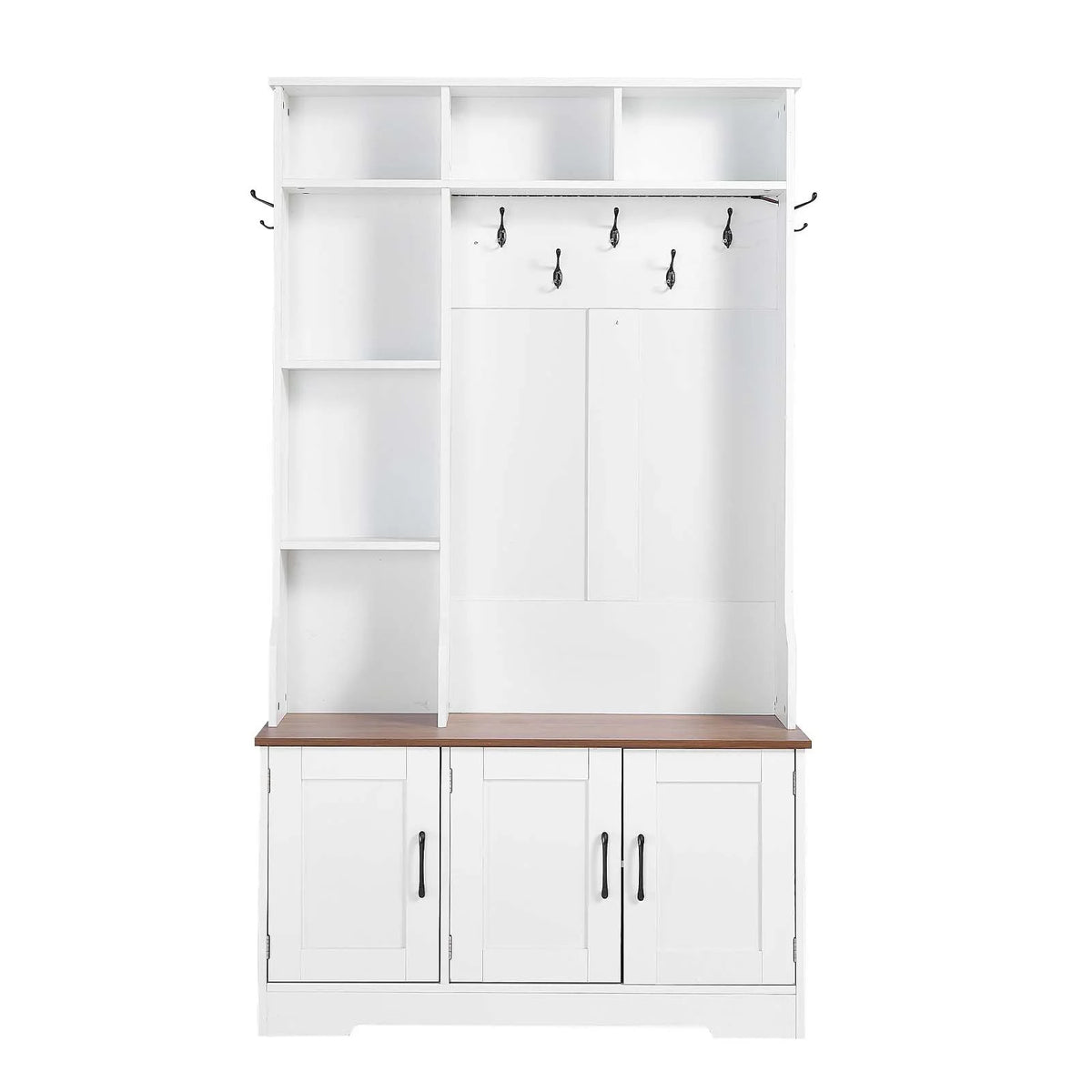VEVOR Hall Tree with Bench and Shoe Storage, 39" Wide, Entryway Hall Tree with Bench, Hanging Hooks, Storage Shelves, Adjustable Shoe Shelves, LED Light, Wooden, for Mudroom, Entryway, Hallway, White - View 9