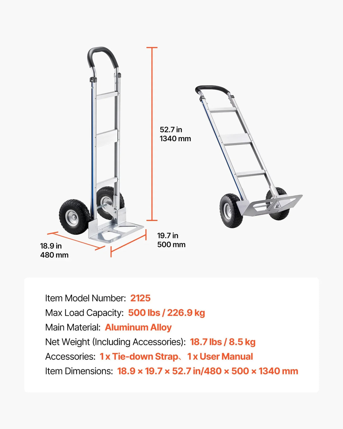 VEVOR Hand Truck, 500 lbs Load Capacity, Heavy-Duty Hand Truck Dolly with Non-Slip Wheels & Handle, Aluminum Alloy Portable Trolley Dolly with Tie-down Strap for Moving Home, Office, Warehouse - View 7