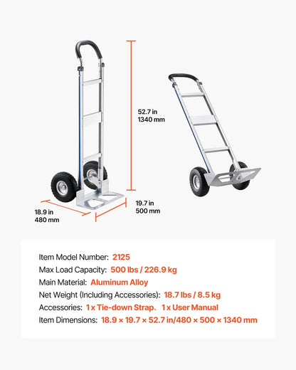 VEVOR Hand Truck, 500 lbs Load Capacity, Heavy-Duty Hand Truck Dolly with Non-Slip Wheels & Handle, Aluminum Alloy Portable Trolley Dolly with Tie-down Strap for Moving Home, Office, Warehouse - View 7