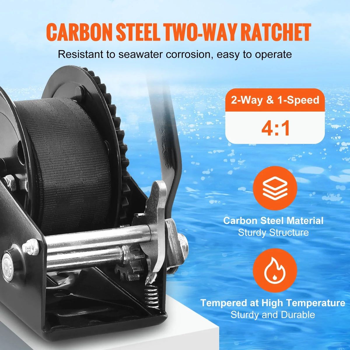 VEVOR Hand Winch, 1200 lbs Pulling Capacity, Boat Trailer Winch Heavy Duty Rope Crank with 23 ft Polyester Strap and Two-Way Ratchet, Manual Operated Hand Crank Winch for Trailer, Boat or ATV Towing - View 2