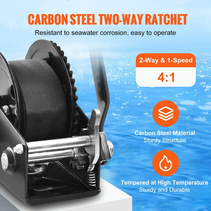 VEVOR Hand Winch, 1200 lbs Pulling Capacity, Boat Trailer Winch Heavy Duty Rope Crank with 23 ft Polyester Strap and Two-Way Ratchet, Manual Operated Hand Crank Winch for Trailer, Boat or ATV Towing - View 2