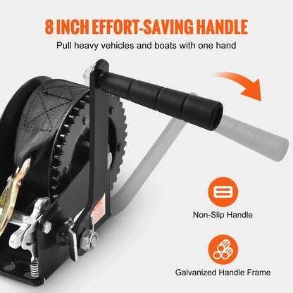 VEVOR Hand Winch, 1200 lbs Pulling Capacity, Boat Trailer Winch Heavy Duty Rope Crank with 23 ft Polyester Strap and Two-Way Ratchet, Manual Operated Hand Crank Winch for Trailer, Boat or ATV Towing - View 4