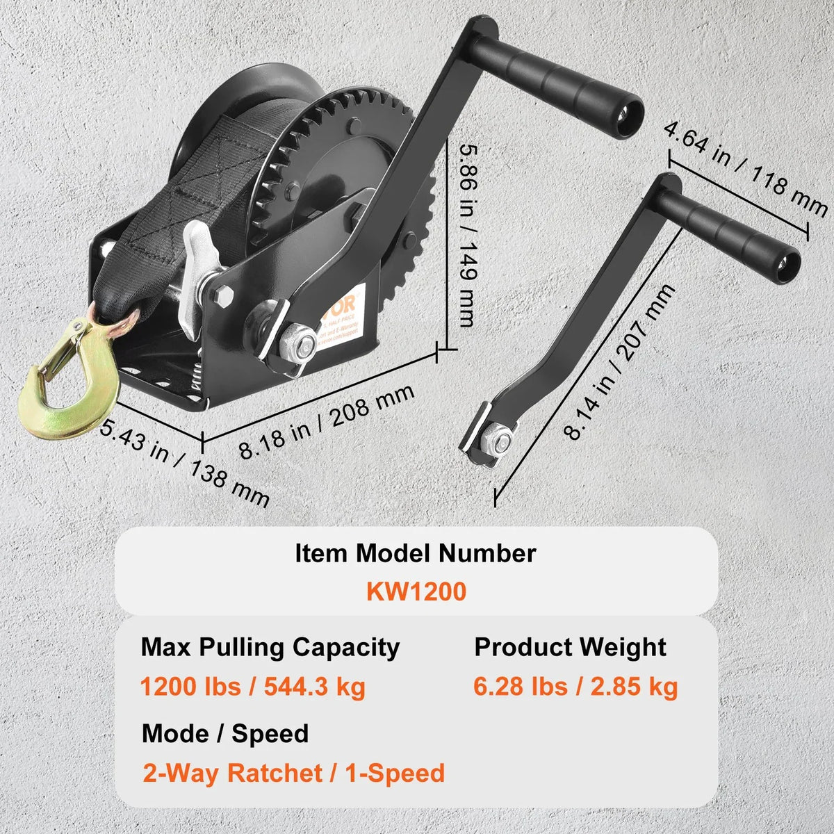 VEVOR Hand Winch, 1200 lbs Pulling Capacity, Boat Trailer Winch Heavy Duty Rope Crank with 23 ft Polyester Strap and Two-Way Ratchet, Manual Operated Hand Crank Winch for Trailer, Boat or ATV Towing - View 6