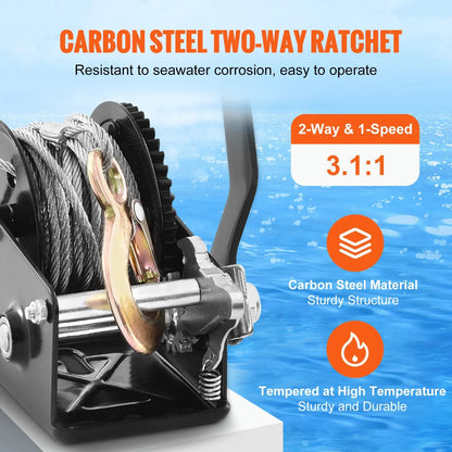 VEVOR Hand Winch, 800 lbs Pulling Capacity, Boat Trailer Winch Heavy Duty Rope Crank with 33 ft Steel Wire Cable and Two-Way Ratchet, Manual Operated Hand Crank Winch for Trailer, Boat or ATV Towing - View 2