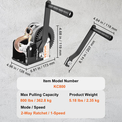 VEVOR Hand Winch, 800 lbs Pulling Capacity, Boat Trailer Winch Heavy Duty Rope Crank with 33 ft Steel Wire Cable and Two-Way Ratchet, Manual Operated Hand Crank Winch for Trailer, Boat or ATV Towing - View 6