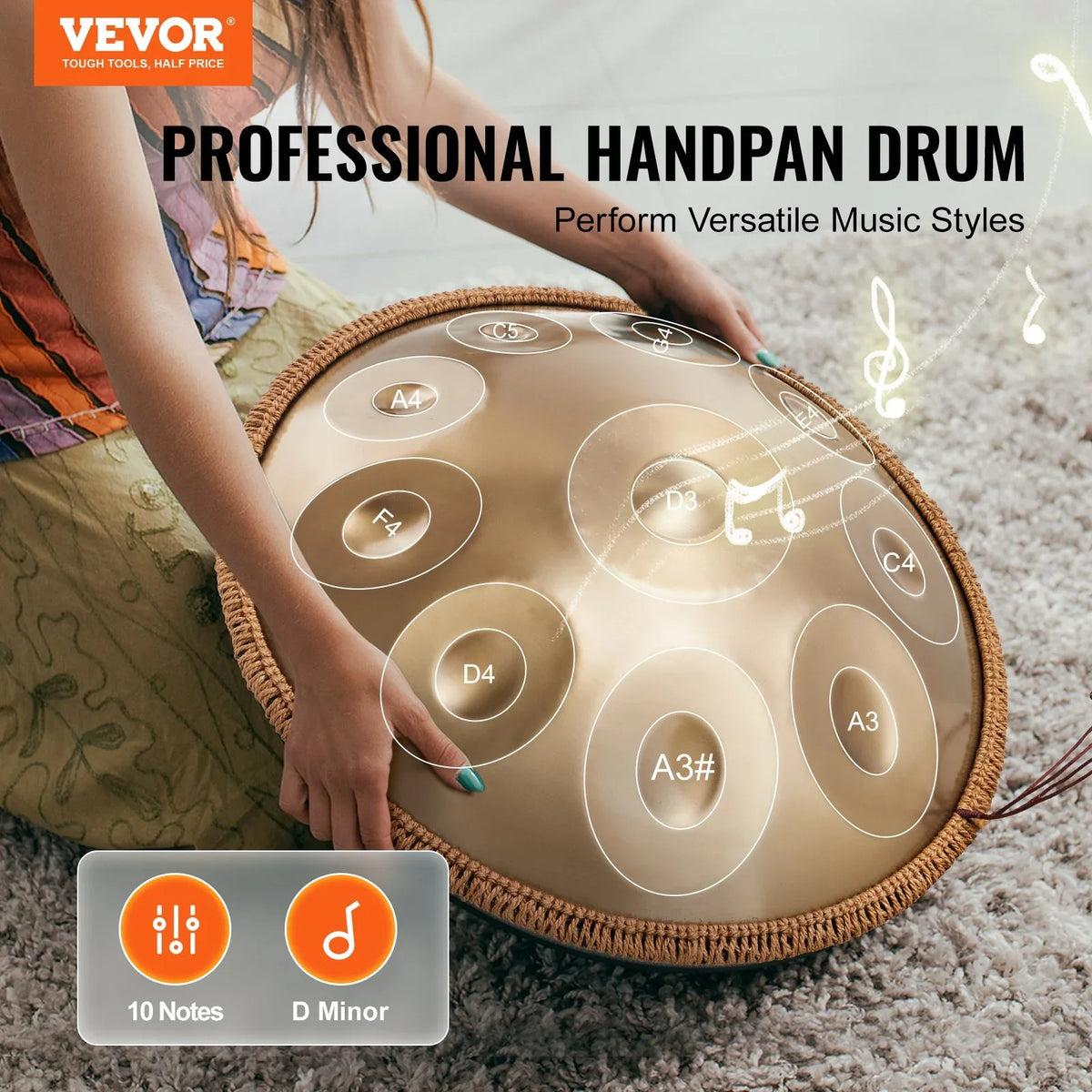 VEVOR Handpan Drum, 22 in & 10 Notes, D Minor Hand Drum, Hand Pan Drum Instrument with Mallets, 432Hz Handpan Stand & Carry Bag, Steel Healing Sound Drum, Percussion Instruments for Adults Beginners