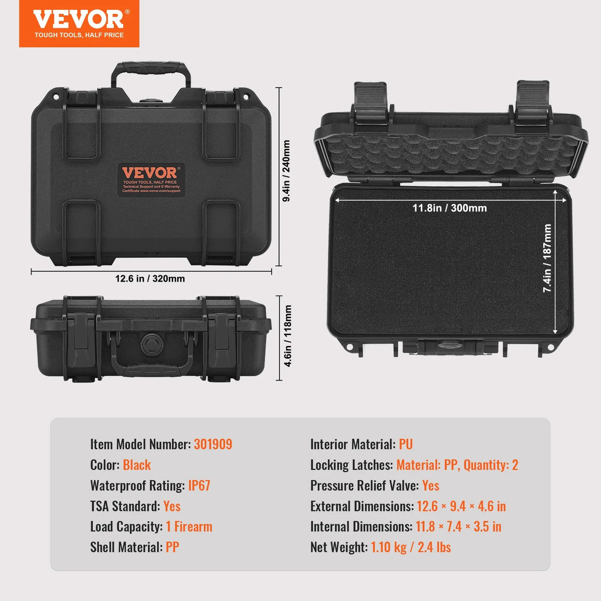 VEVOR Hard Pistol Cases with Pre-cut PU Foam Lockable Pistol Case for 1 Pistol - View 7