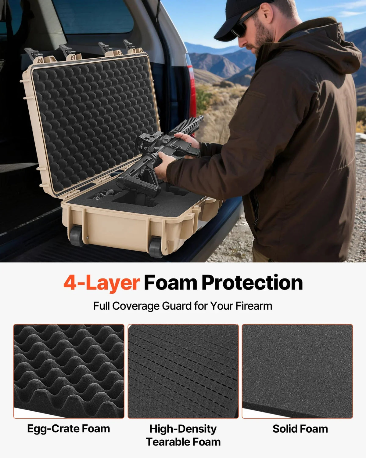 VEVOR Hard Rifle Case, Lockable Rifle Case with 4 Layers Pre-cut Foams, 36 in Gun Storage with Wheels, IP67 Waterproof & Dustproof Pistol Storage Cases for Rifles, Shotguns, Airsoft Guns, Khaki - View 3