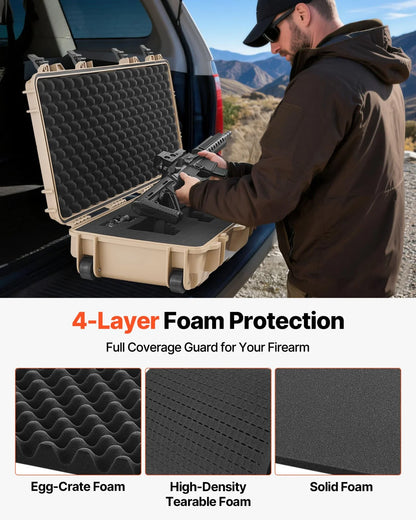 VEVOR Hard Rifle Case, Lockable Rifle Case with 4 Layers Pre-cut Foams, 36 in Gun Storage with Wheels, IP67 Waterproof & Dustproof Pistol Storage Cases for Rifles, Shotguns, Airsoft Guns, Khaki - View 3