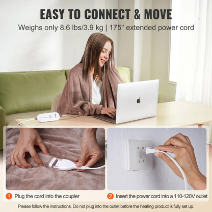 VEVOR Heated Blanket Electric Throw, 100" x 90" King Size, Soft Flannel Heating Blanket with 10 Hours Timer Auto-off & 5 Heating Levels, Dual Control, Machine Washable, ETL & FCC Certification (Beige) - View 4