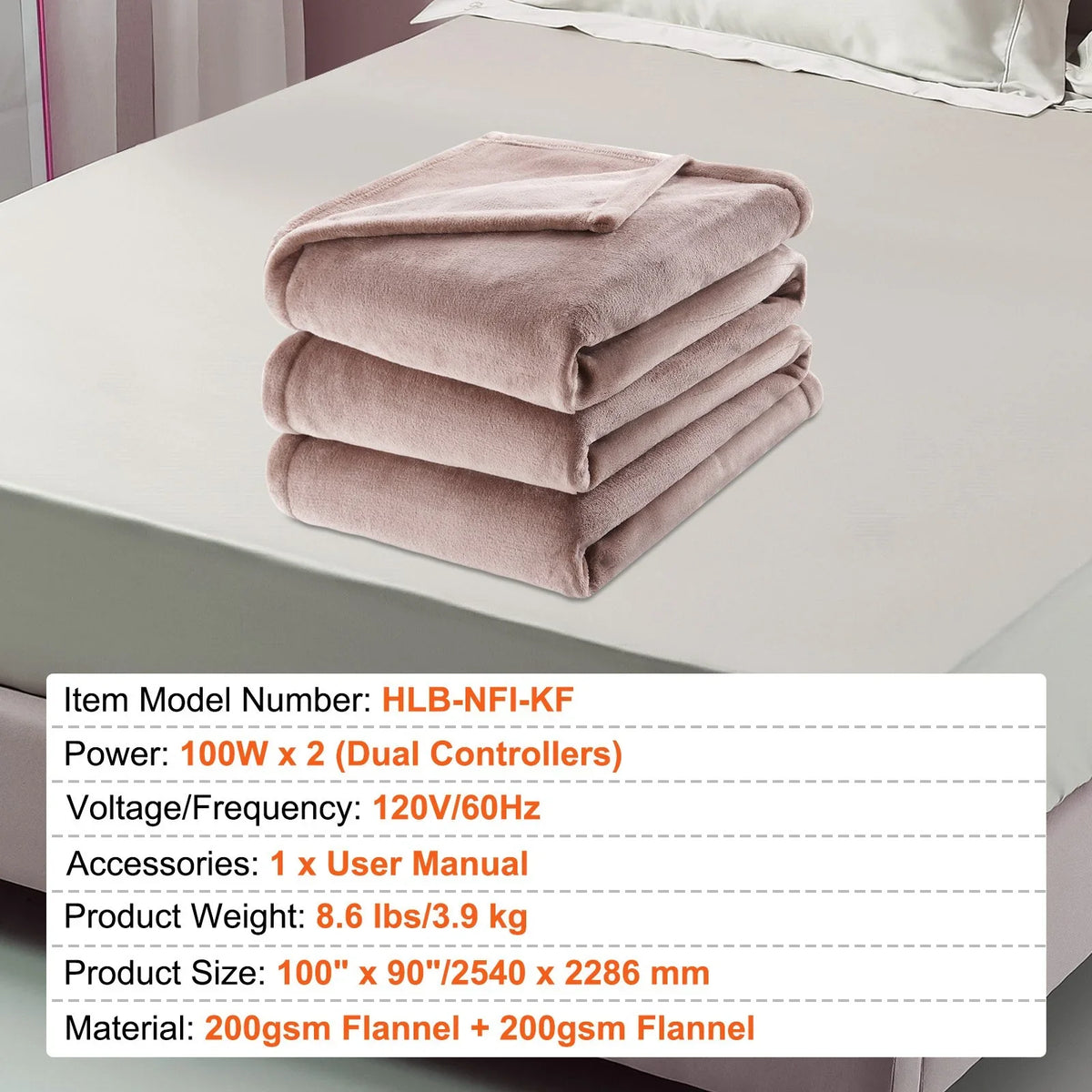 VEVOR Heated Blanket Electric Throw, 100" x 90" King Size, Soft Flannel Heating Blanket with 10 Hours Timer Auto-off & 5 Heating Levels, Dual Control, Machine Washable, ETL & FCC Certification (Beige) - View 6