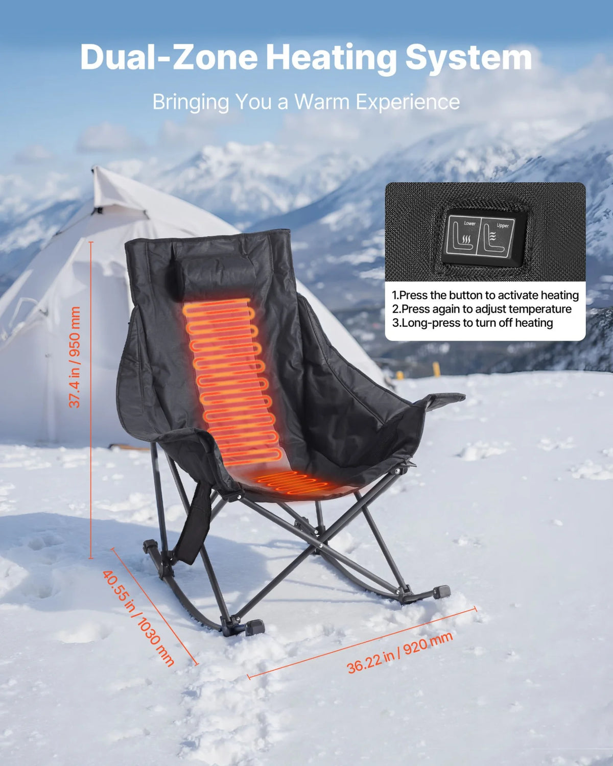 VEVOR Heated Camping Chair 3 Heating Settings  Folding Rocker Chair Heavy Duty