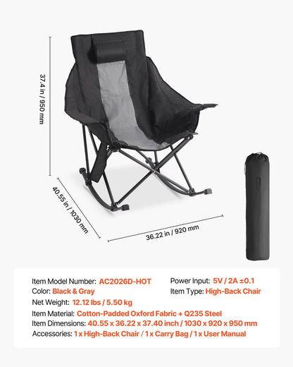 VEVOR Heated Camping Chair 3 Heating Settings  Folding Rocker Chair Heavy Duty - View 6