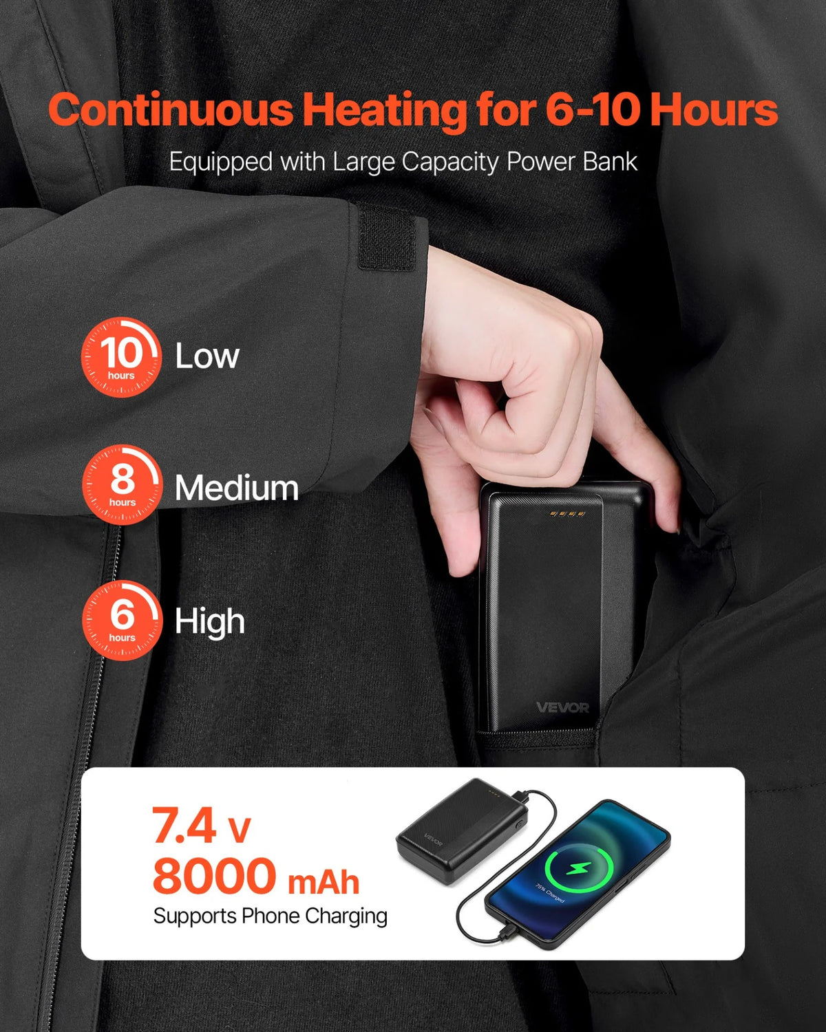 VEVOR Heated Jacket for Men with 7.4V Battery, Soft Shell Electric Heating Coat, Windproof Waterproof Lightweight Outerwear with 5 Heating Zones & 3 Heat Settings, Machine Washable - View 2