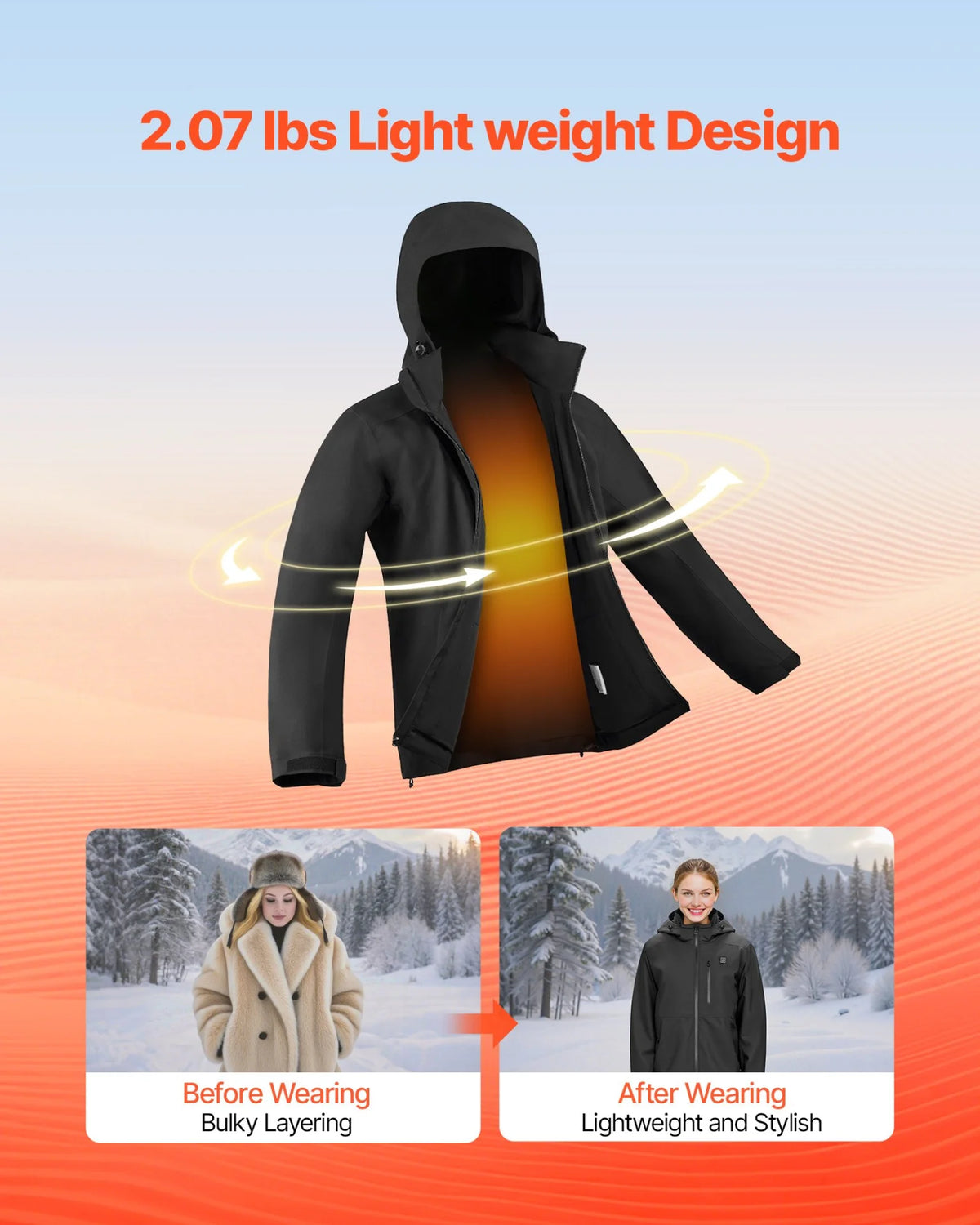 VEVOR Heated Jacket for Men with 7.4V Battery, Soft Shell Electric Heating Coat, Windproof Waterproof Lightweight Outerwear with 5 Heating Zones & 3 Heat Settings, Machine Washable - View 4