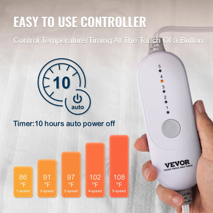 VEVOR Heated Mattress Pad, 39 x 75 in, Electric Bed Warmer with 1-5 Heat Settings Control, 10-Hour Auto Shut Off, Machine-Wash Breathable Coral Fleece Heating Electric Mattress Sheets, White - View 4