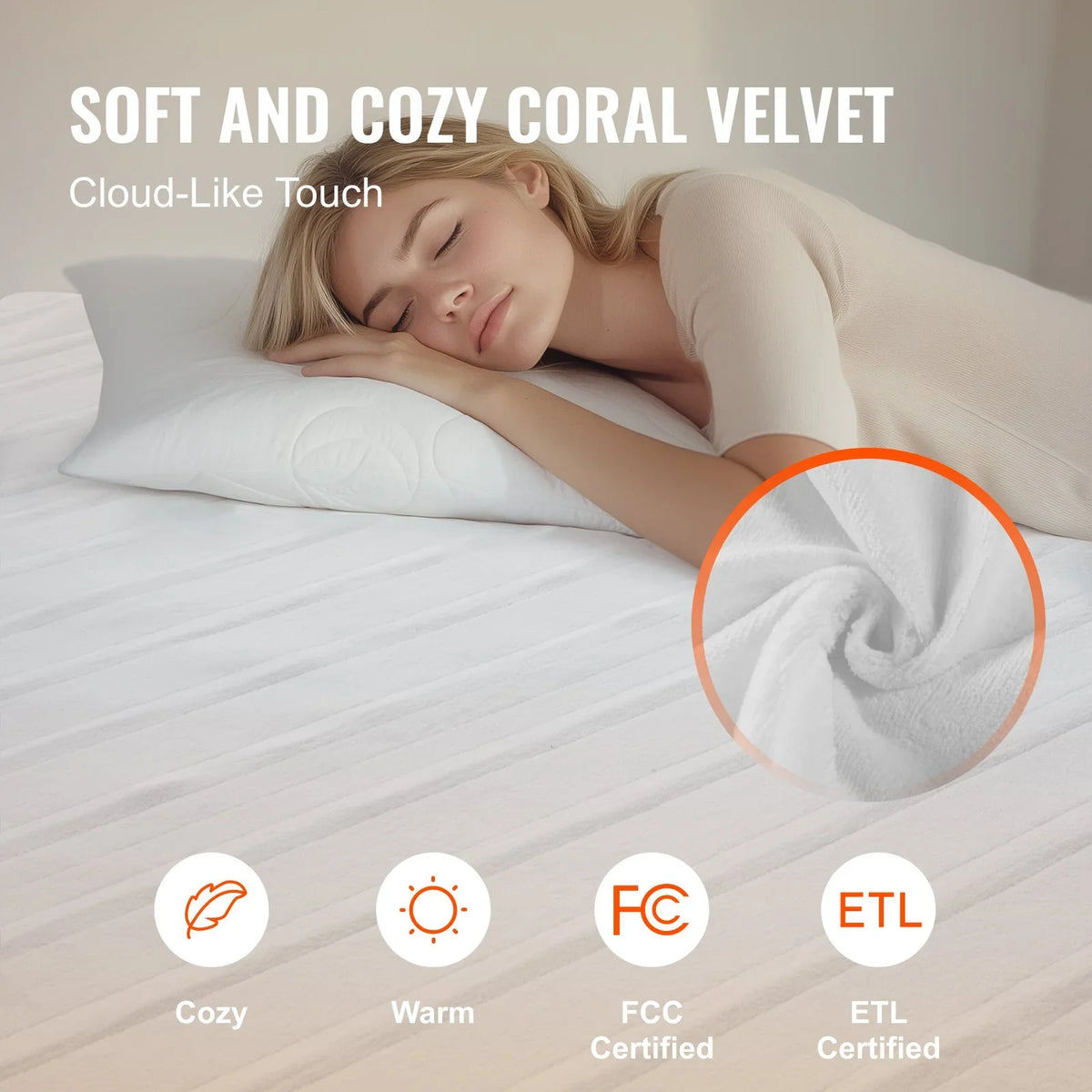 VEVOR Heated Mattress Pad, 60 x 80 in, Queen Electric Bed Warmer with 1-5 Heat Settings Control, 10-Hour Auto Shut Off, Machine-Wash Breathable Coral Fleece Heating Electric Mattress Sheets, White - View 4