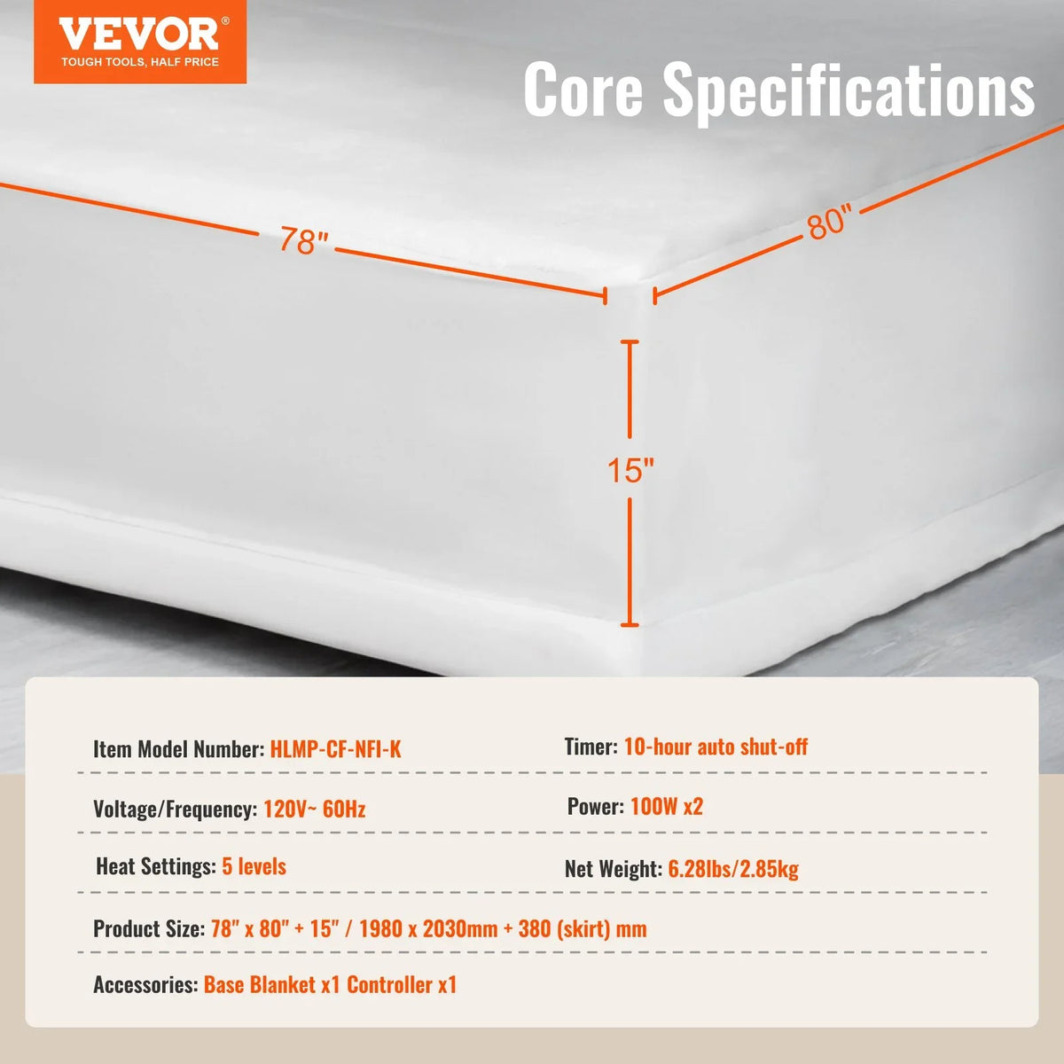 VEVOR Heated Mattress Pad, 78 x 80 in, King Electric Bed Warmer with 1-5 Heat Settings Control, 10-Hour Auto Shut Off, Machine-Wash Breathable Coral Fleece Heating Electric Mattress Sheets, White - View 7