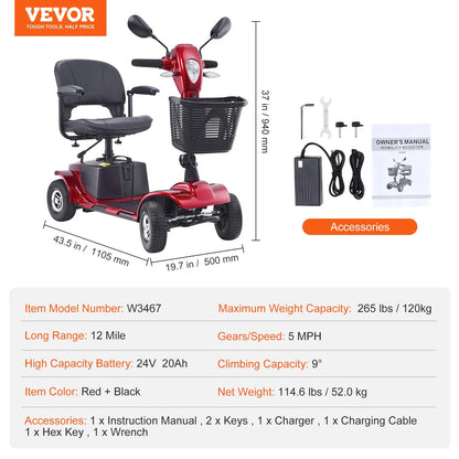 VEVOR Heavy-Duty 4 Wheel Mobility Scooter for Seniors 12 Mile Long Range 265LBS - View 6