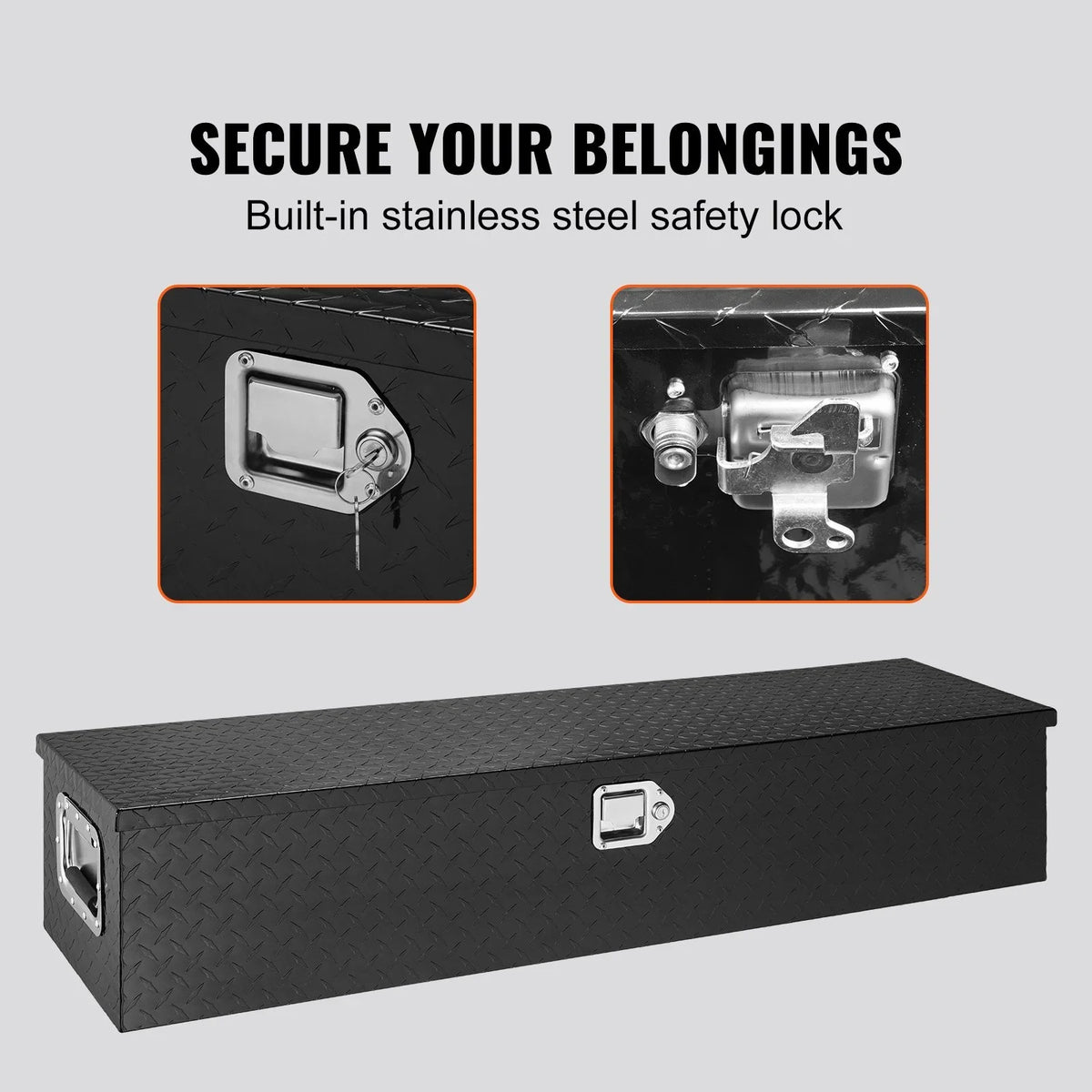 VEVOR Heavy Duty Aluminum Truck Bed Tool Box, Diamond Plate Tool Box with Side Handle and Lock Keys, Storage Tool Box Chest Box Organizer for Pickup, Truck Bed, RV, Trailer, 48"x15"x15", Black - View 4