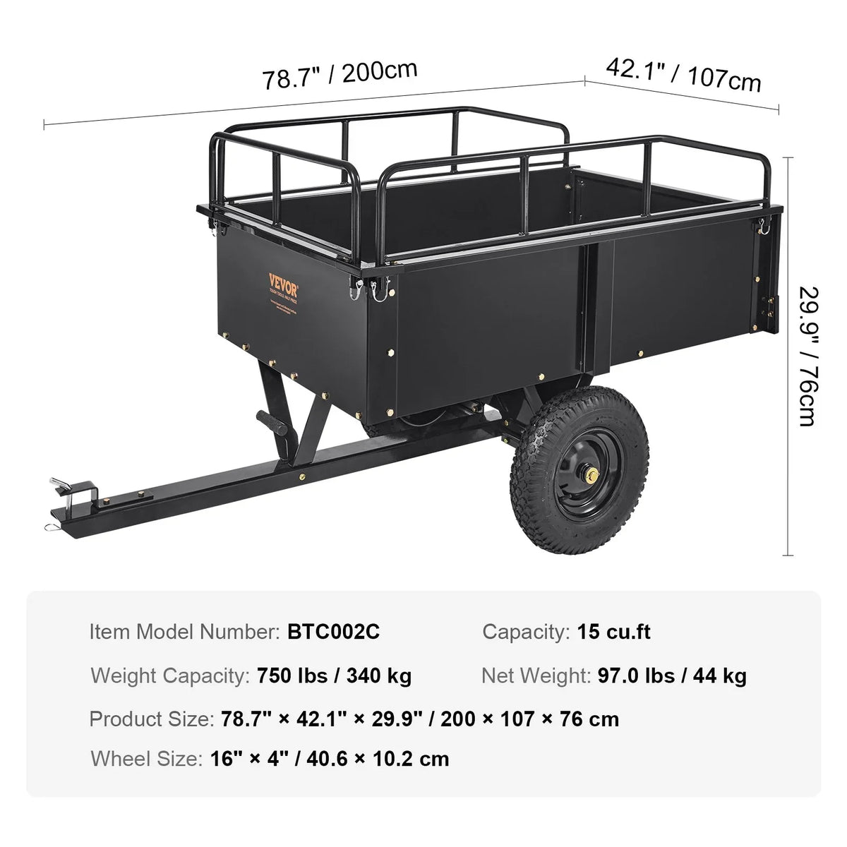 VEVOR Heavy Duty ATV Trailer Steel Dump Cart, 750-Pound 15 Cubic Feet, Garden Utility Trailer with Removable Sides for Riding Lawn Mower Tractor - View 5