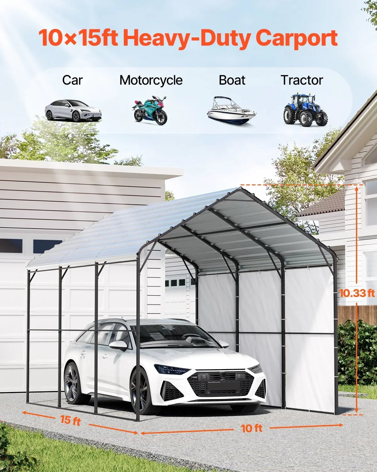 VEVOR Heavy Duty Metal Carport, 10' x 15' Outdoor Carport with Galvanized Steel Frame & Roof, Car Tent Garage Shade with Removable Sidewalls, Multi-Use Car Shelter for Pickup, Boat, Car & Tractors