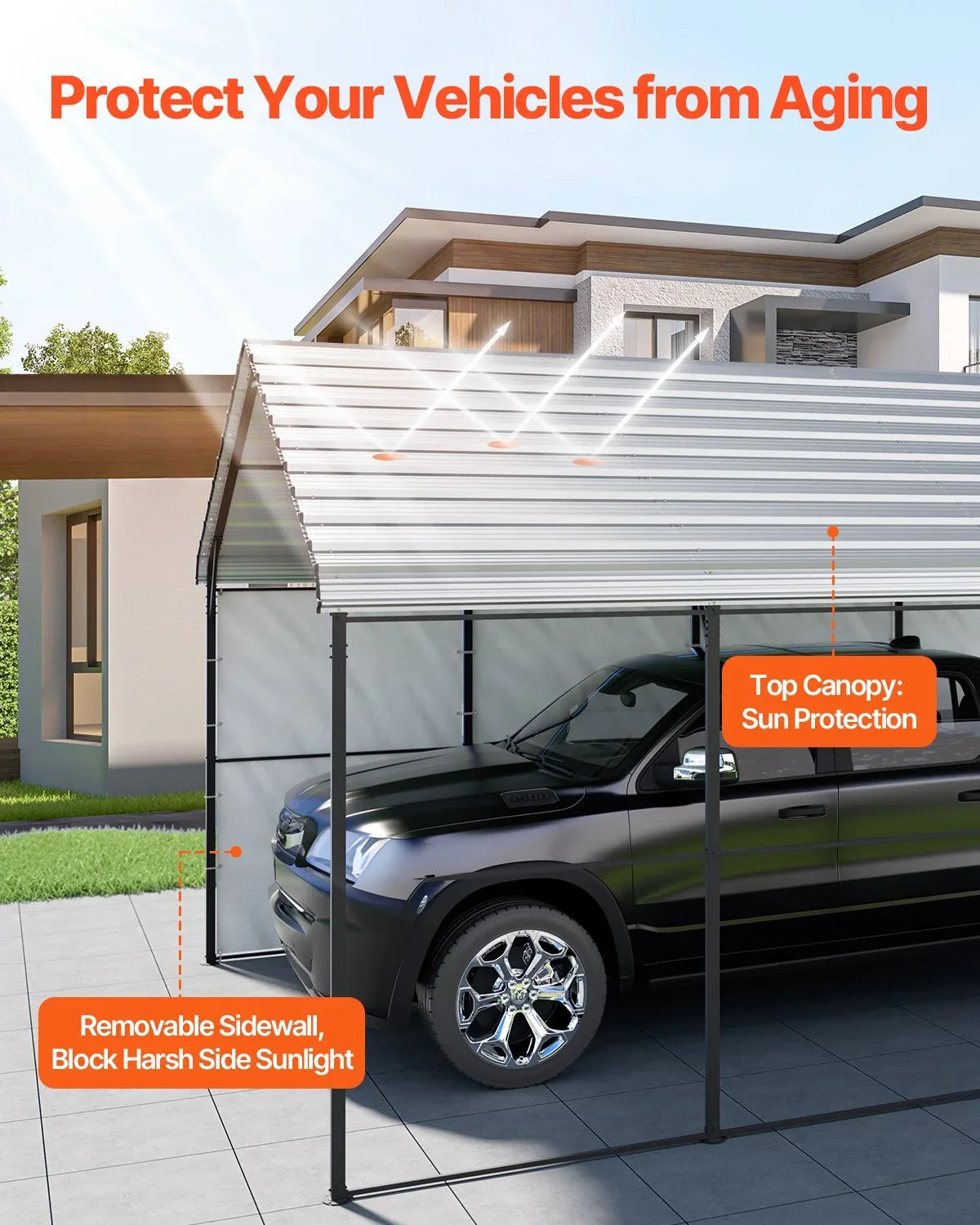 VEVOR Heavy Duty Metal Carport, 12' x 20' Outdoor Carport with Galvanized Steel Frame & Roof, Car Tent Garage Shade with Removable Sidewalls, Multi-Use Car Shelter for Pickup, Boat, Car & Tractors - View 2
