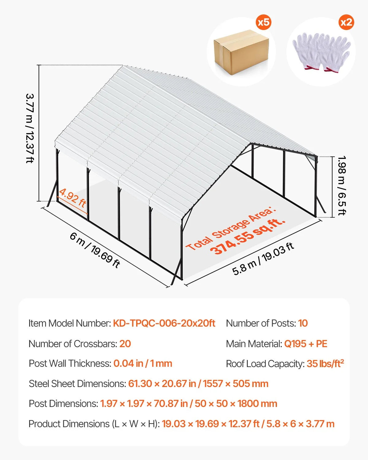VEVOR Heavy Duty Metal Carport, 20 x 20 ft Outdoor Carport with Sturdy Frame & Roof, Car Garage Shade with Removable Sidewalls, Multi-Use Car Shelter for Pickup, Boat, Trucks & Tractors - View 6