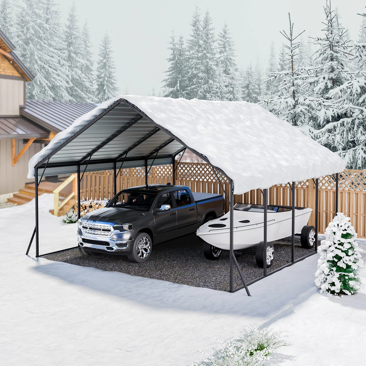 VEVOR Heavy Duty Metal Carport, 20 x 20 ft Outdoor Carport with Sturdy Frame & Roof, Car Garage Shade with Removable Sidewalls, Multi-Use Car Shelter for Pickup, Boat, Trucks & Tractors - View 7