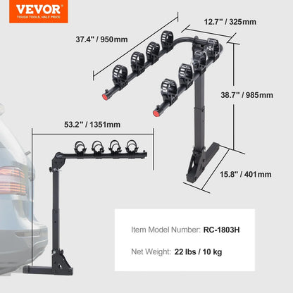 VEVOR Hitch Mount Bike Rack, 4-Bike Carrier Rack, 150 LBS Capacity Bike Rack Hitch for 2-inch Receiver, Titling and Folding Bike Carrier with No-Wobble U Bolt and Strap, for Car, SUV, Truck, RV - View 6