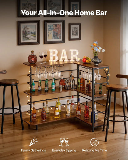 VEVOR Home Bar Unit, L-Shaped Wine Bar Cabinet Table 3-Tier with Storage Shelves, Adjustable Foot Pads, LED Light, Walnut Finish & Metal Frame Liquor Cabinet for Home, Kitchen,Living Room,Pub,Basement