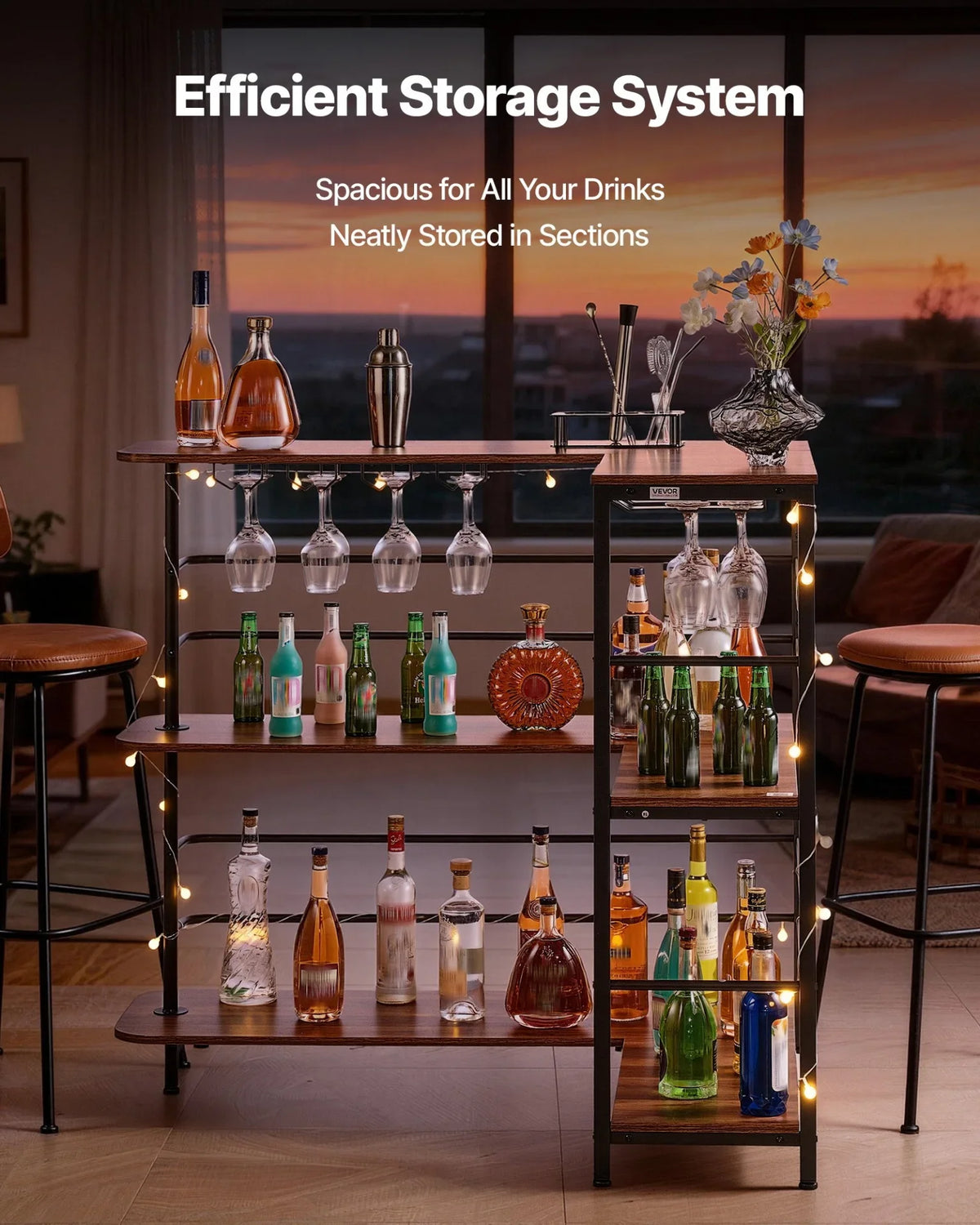 VEVOR Home Bar Unit, L-Shaped Wine Bar Cabinet Table 3-Tier with Storage Shelves, Adjustable Foot Pads, LED Light, Walnut Finish & Metal Frame Liquor Cabinet for Home, Kitchen,Living Room,Pub,Basement - View 2