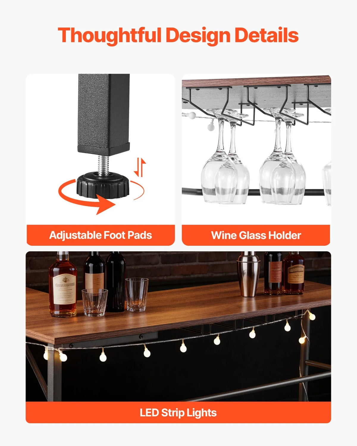 VEVOR Home Bar Unit, L-Shaped Wine Bar Cabinet Table 3-Tier with Storage Shelves, Adjustable Foot Pads, LED Light, Walnut Finish & Metal Frame Liquor Cabinet for Home, Kitchen,Living Room,Pub,Basement - View 4
