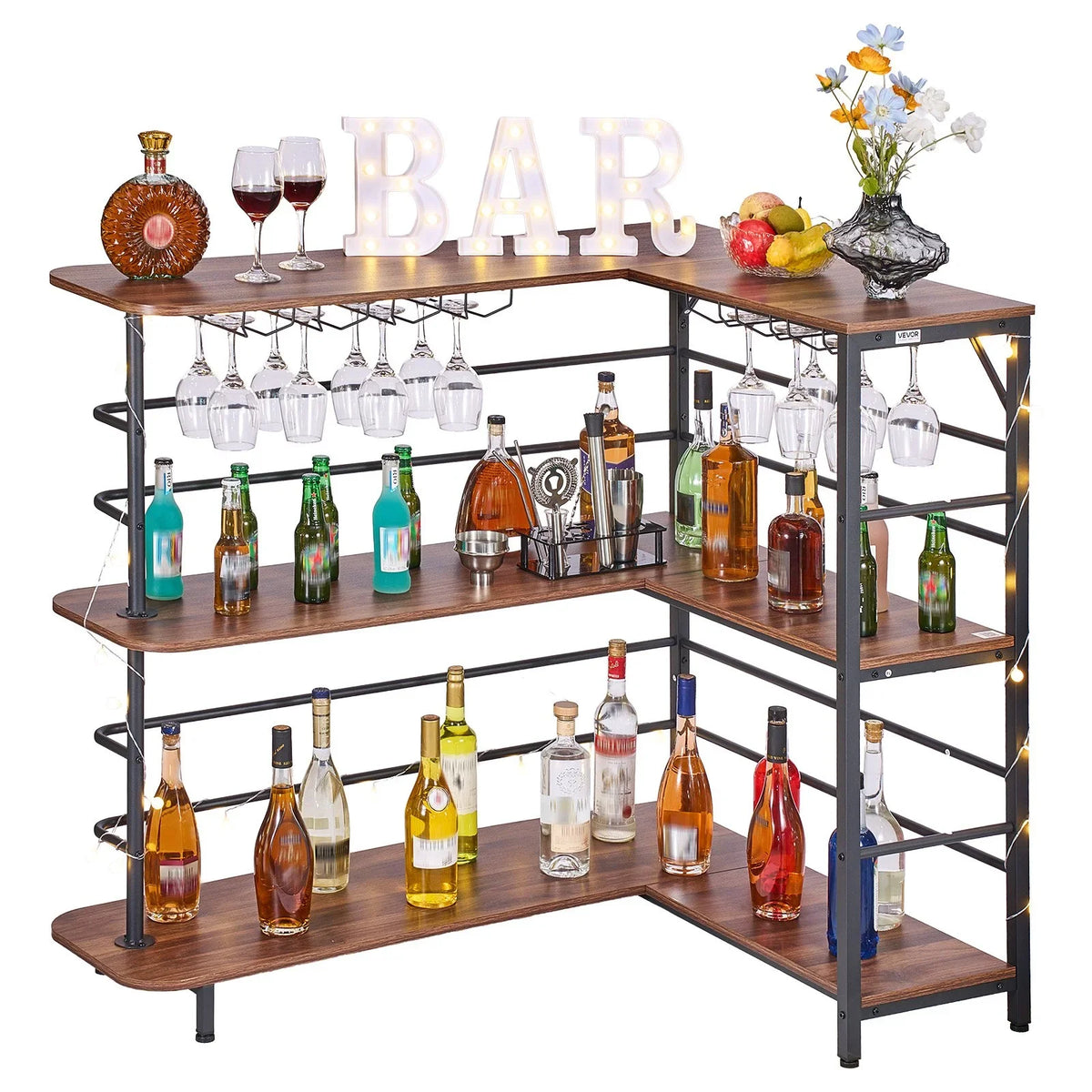 VEVOR Home Bar Unit, L-Shaped Wine Bar Cabinet Table 3-Tier with Storage Shelves, Adjustable Foot Pads, LED Light, Walnut Finish & Metal Frame Liquor Cabinet for Home, Kitchen,Living Room,Pub,Basement - View 8