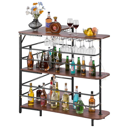 VEVOR Home Bar Unit, L-Shaped Wine Bar Cabinet Table 3-Tier with Storage Shelves, Adjustable Foot Pads, LED Light, Walnut Finish & Metal Frame Liquor Cabinet for Home, Kitchen,Living Room,Pub,Basement - View 9