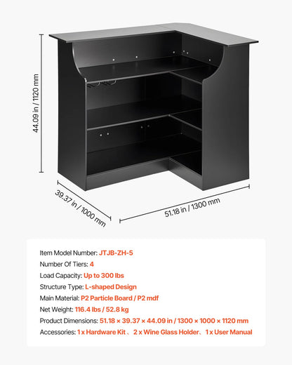 VEVOR Home Bar Unit, L-Shaped Wine Bar Cabinet Table 4-Tier with Storage Shelves,  Wine Glass Holder, 300 lbs Max Capacity, Wood Liquor Cabinet for Home, Kitchen, Living Room, Pub, Basement, Black - View 6