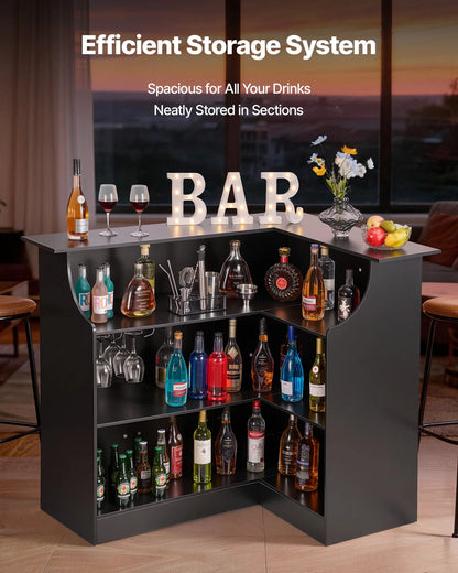 VEVOR Home Bar Unit, L-Shaped Wine Bar Cabinet Table 4-Tier with Storage Shelves,  Wine Glass Holder, 300 lbs Max Capacity, Wood Liquor Cabinet for Home, Kitchen, Living Room, Pub, Basement, Black - View 2